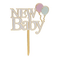 Topper para tarta de New Baby dorado y blanco de 10 x 14 cm