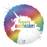 Globo de Happy Birthday unicornio con purpurina de 46 cm - Grabo