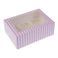 Caja para 6 cupcakes a rayas rosa y blanca de 22,9 x 16,5 x 9 cm - House of Marie - 2 unidades