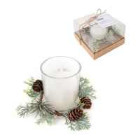 Vela con vaso decorado de Navidad blanco de 10,5 x 6,6 cm