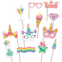 Kit para photocall de Unicornios máscaras - 12 unidades