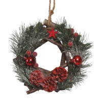 Corona de Navidad con piñas y decoraciones rojas de 20 cm