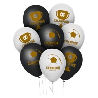 Globos de látex negros y blancos de fútbol Champion - 8 unidades