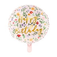 Globo redondo Happy Birthday con flores de 35 cm - PartyDeco