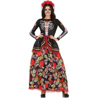 Disfraz de catrina con flores y calaveras para mujer