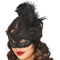 Antifaz con encaje y plumas negro