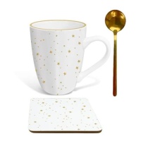 Taza de 300 ml Estrellas oro con cuchara y posavasos