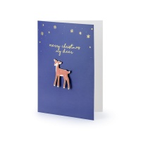 Tarjeta navideña azul con pin de ciervo