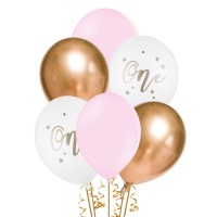 Globos de látex de primer cumpleaños niña de 30 cm - PartyDeco - 6 unidades