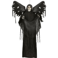 Colgante de esqueleto con túnica y alas negras con luz, sonido y movimiento de 1,60 m