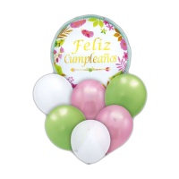 Bouquet de Feliz Cumpleaños en verde y rosa - 7 unidades