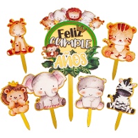 Topper para tarta de Feliz cumple de animales - 7 unidades