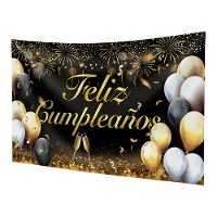 Mural decorativo de feliz cumpleaños negro y dorado de 1,20 x 0,68 m