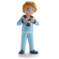 Figura para tarta de Mi Primera Comunión niño rubio con traje azul de 16 cm