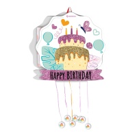Piñata de happy birthday con tarta y purpurina de 35 x 36 cm