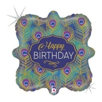 Globo de Happy Birthday de cola de pavo real de 46 cm - Grabo
