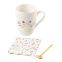 Taza de 300 ml Flores con cuchara y posavasos