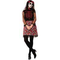 Disfraz de catrina rojo y negro con calaveras para mujer