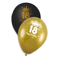 Globos de látex negros y dorados Felices 18 con Corona de 23 cm - 6 unidades