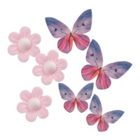 Obleas de flores y mariposas rosas y lilas - 7 unidades