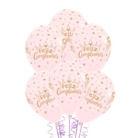 Globo de látex rosa de Feliz Cumpleaños con purpurina dorada y corona de 30 cm - Sempertex - 12 unidades