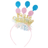 Diadema de cumpleaños con globos rosas y azules