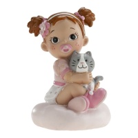 Figura para tarta de bautizo de bebé niña con gato - 10 x 6 cm