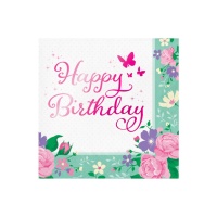 Servilletas de flores y mariposas con Happy Birthday de 16,5 x 16,5 cm - 16 unidades
