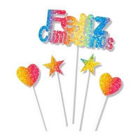 Toppers para tarta de Feliz Cumpleaños de corazones y estrellas multicolor - 5 unidades