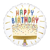 Globo redondo de Happy Birthday con tarta y velas de 19 x 19 cm - Grabo