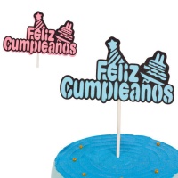 Topper para tarta de Feliz Cumpleaños con gorro y tarta