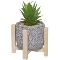 Planta artificial de cactus con macetero con cenefa gris con base de madera de 11,5 x 21 cm