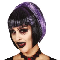 Peluca de corta negra con mechas lilas