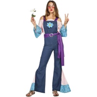 Disfraz de hippie con mono azul para mujer