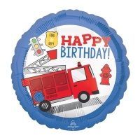 Globo redondo Happy Birthday de camión de bombero de 43 cm - Anagram