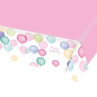 Mantel de Happy Birthday rosa con globos de 1,75 x 1,15 m
