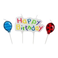 Velas Happy Birthday con globos de colores - 3 unidades