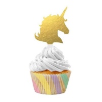 Cápsulas para cupcakes y picks de silueta de unicornio dorado - 24 piezas