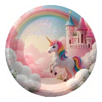 Platos de Unicornio rosa con castillo de 18 cm - 8 unidades