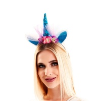 Diadema de unicornio azul con flores y tul