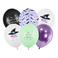 Globos de látex de halloween Hocus pocus con bruja de 30 cm - PartyDeco - 6 unidades