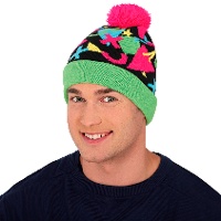 Gorro de lana de años 80 verde y rosa