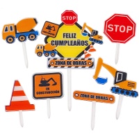Topper para tarta de Feliz cumple de construcción - 7 unidades