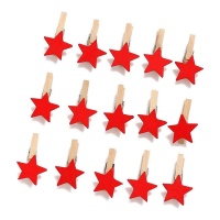 Pinzas de madera con estrella roja de 3 cm - 15 unidades