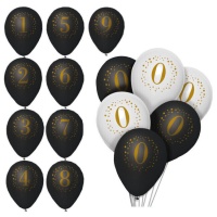 Globos de látex de números blancos y negros con dorado de 23 cm - 6 unidades