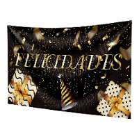 Mural decorativo de Felicidades oro y negro de 1,20 x 0,68 m