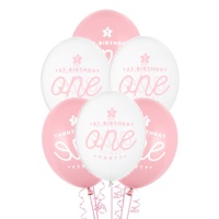 Globos de látex de primer cumpleaños rosa de 30 cm - Partydeco - 50 unidades