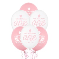 Globos de látex de primer cumpleaños rosa de 30 cm - Partydeco - 50 unidades