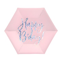 Platos hexagonales de Feliz cumpleaños rosa palo de 17 cm - 6 unidades