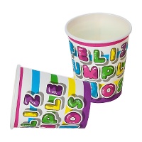 Vasos Feliz Cumpleaños franjas de colores de 9 x 8 cm - 8 unidades